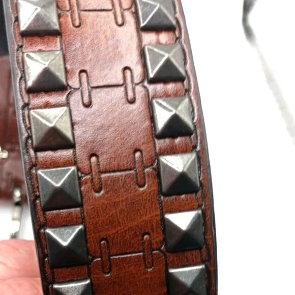 Double Row Studded Leather Belt Brown New - Picture 4 of 10